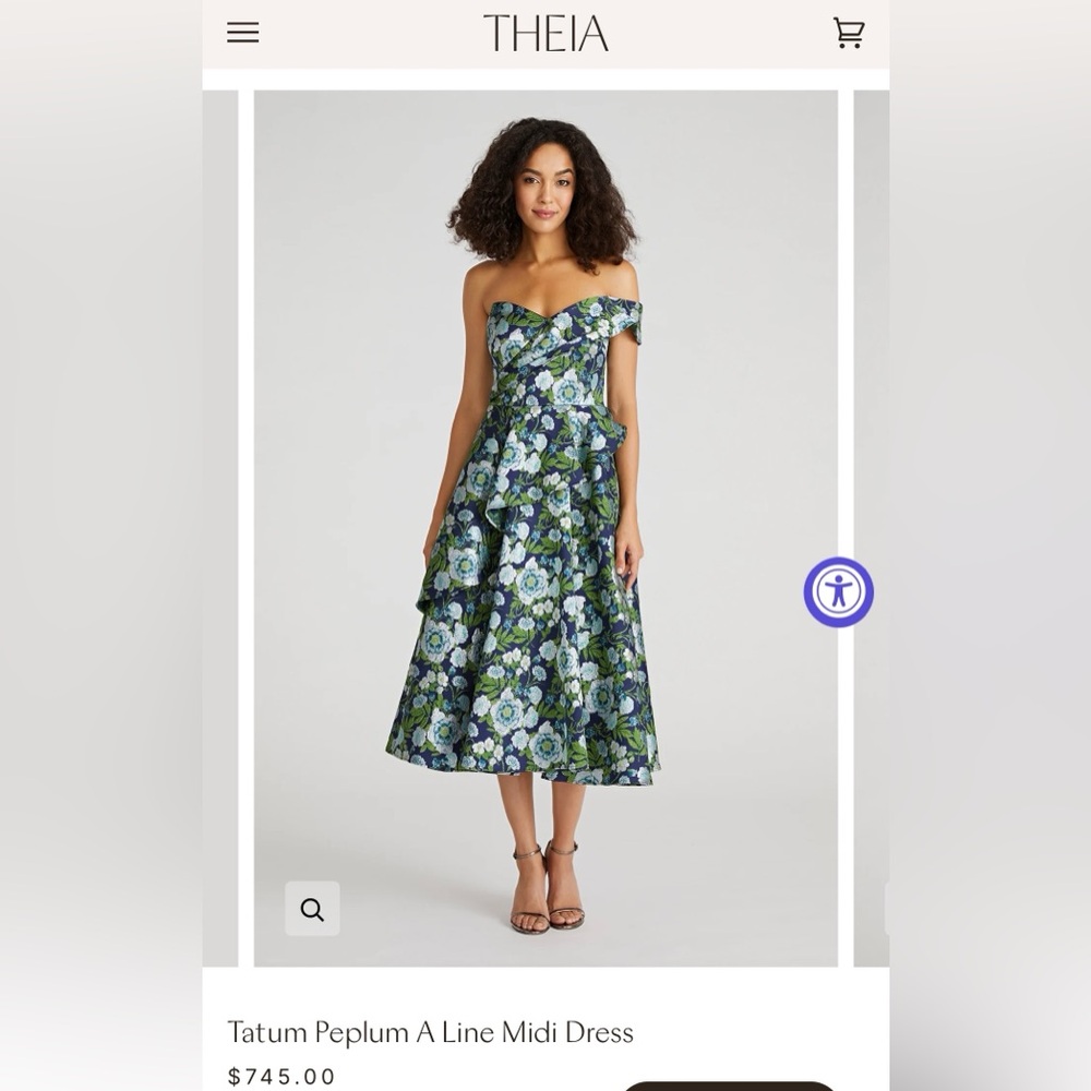Theia Blue & Green Floral Tatum Peplum A-Line Midi Dress